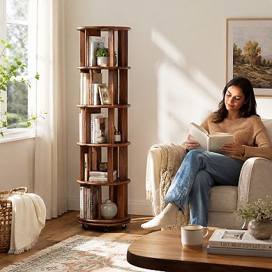 BAOURE Solid Rubberwood 5 Tier Rotating Rolling Bookshelf For Small Spaces Office