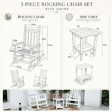 BAOURE Plastic All Weather 3 Piece Rocking Chair Set With Side Table For Patio Use