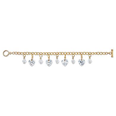 Heart-Shaped and Round Crystal Goldtone Charm Toggle Bracelet 7.5"