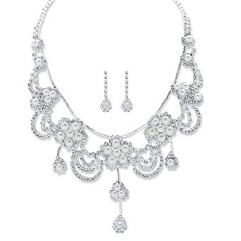Crystal and Simulated Pearl Silvertone Floral Necklace and Earrings 14"-18"