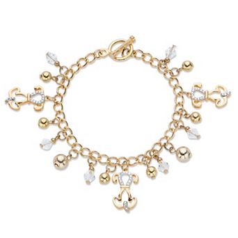 Round Crystal Beaded Puppy Dog Charm Goldtone Bracelet 7.5"