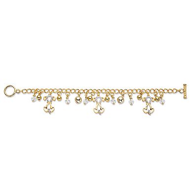 Round Crystal Beaded Puppy Dog Charm Goldtone Bracelet 7.5"