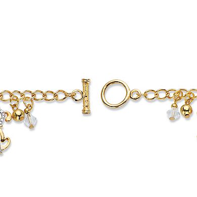 Round Crystal Beaded Puppy Dog Charm Goldtone Bracelet 7.5"