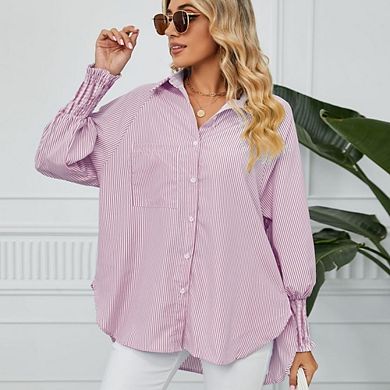 Women's Striped Button Down Shirts Long Sleeve Oversized Boyfriend Blouses Collared Work Tops