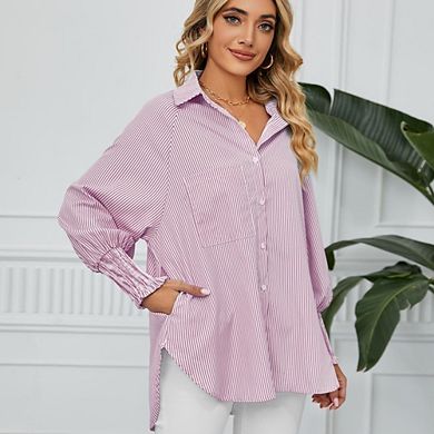 Women's Striped Button Down Shirts Long Sleeve Oversized Boyfriend Blouses Collared Work Tops