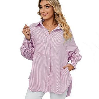 Women's Striped Button Down Shirts Long Sleeve Oversized Boyfriend Blouses Collared Work Tops