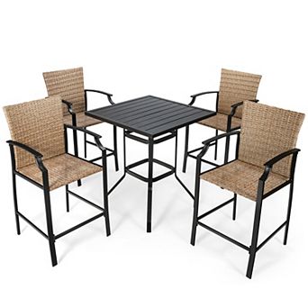 Costway 5 pc Outdoor Bistro Set Rattan Bar Stool Table Set with Cushions Steel Frame