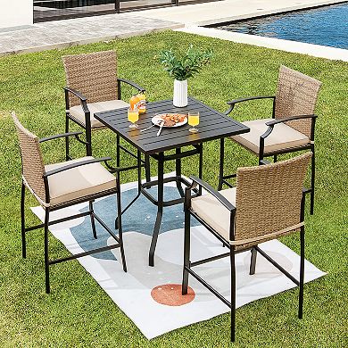 Costway 4PCS Patio Rattan Bar Stool Chairs Cushioned Seat Footrest & Armrest