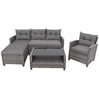 Costway 4 pc Patio Rattan Furniture Set Cushioned Loveseat Table Shelf