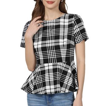 Women's Plaid Peplum Top Short Sleeve Business Casual Ruffle Hem Blouse