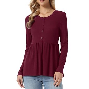 Peplum Sweater for Women's Pleated Round Neck Long Sleeve Button Fall Casual Knitted Babydoll Top