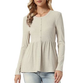 Peplum Sweater for Women's Pleated Round Neck Long Sleeve Button Fall Casual Knitted Babydoll Top