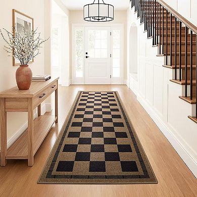 Washable Checkered Jute Style Rug Non Slip Indoor Outdoor Runner Mat