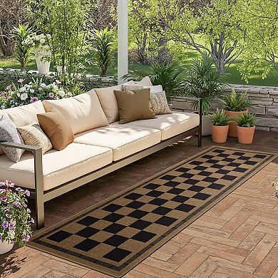 Washable Checkered Jute Style Rug Non Slip Indoor Outdoor Runner Mat