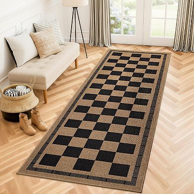 Washable Checkered Jute Style Rug Non Slip Indoor Outdoor Runner Mat