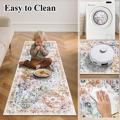 Washable Boho Non Slip Low Pile Runner Rug For Entryway Kitchen Bedroom Laundry Living Room