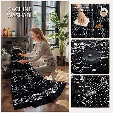 Washable Non Slip Hallway Runner Rug Boho Geometric Low Pile Indoor Carpet