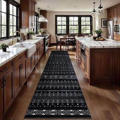 Washable Non Slip Hallway Runner Rug Boho Geometric Low Pile Indoor Carpet