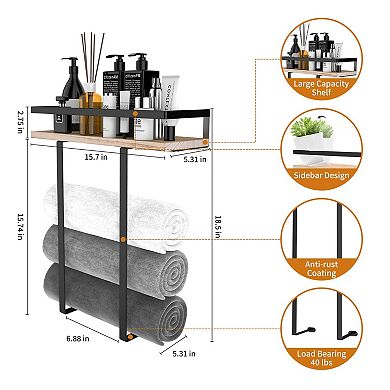 Wall Mounted Metal Wood Bathroom Towel Rack Storage Organizer For RV Camping