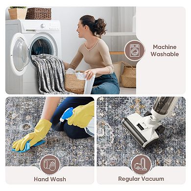 Washable Boho Area Rug Soft Low Pile Non Slip Pet Friendly