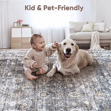 Washable Boho Area Rug Soft Low Pile Non Slip Pet Friendly