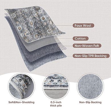 Washable Boho Area Rug Soft Low Pile Non Slip Pet Friendly