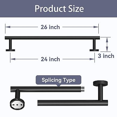 Matte Black 24 Inch Towel Bar Thickened SUS304 Stainless Steel Wall Mount Bathroom Rack