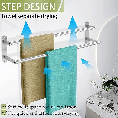 24 Inch Double Bathroom Towel Rack Wall Mounted Stainless Steel Brushed Nickel Holder