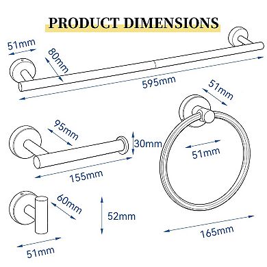 4 Piece Bathroom Hardware Set Stainless Steel Wall Mounted Towel Bar Ring Hook Holder