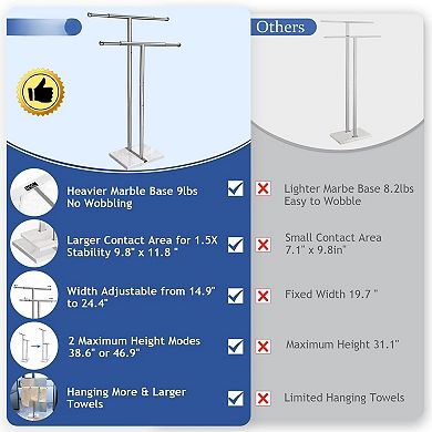 Adjustable Freestanding Towel Rack with Marble Base Stainless Steel Brushed Finish