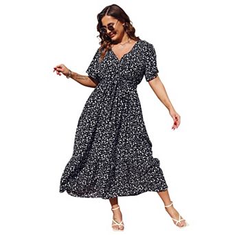 Women's Plus Size Dress V Neck Short Sleeve Maxi Dress Summer High Waist Ruffle Casual Flowy Dress