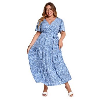 Women's Plus Size Dress V Neck Short Sleeve Maxi Dress Summer High Waist Ruffle Casual Flowy Dress