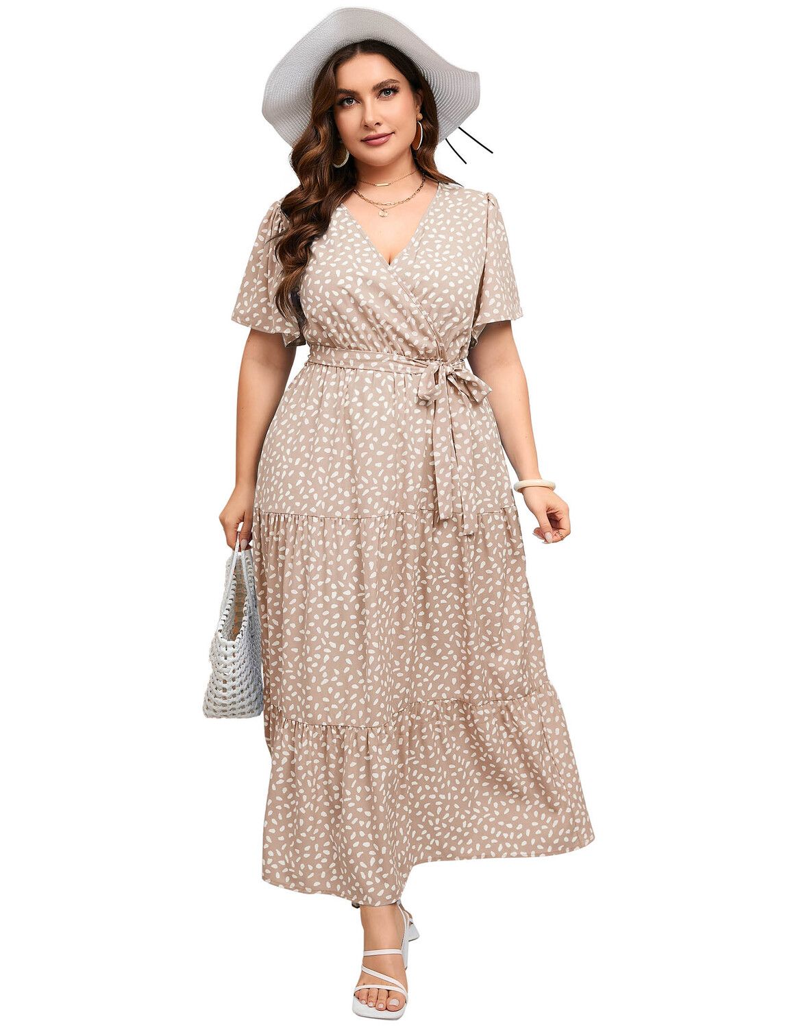 Женские платья Plus Size Dress V Neck Short Sleeve Maxi Dress Summer High Waist Ruffle Casual Flowy Dress