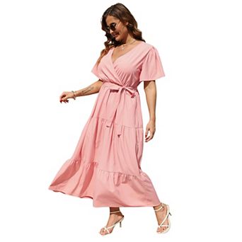 Women's Plus Size Dress V Neck Short Sleeve Maxi Dress Summer High Waist Ruffle Casual Flowy Dress