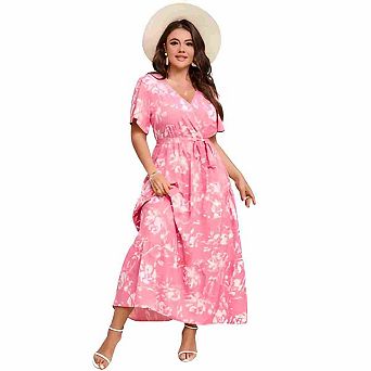 Women's Plus Size Dress V Neck Short Sleeve Maxi Dress Summer High Waist Ruffle Casual Flowy Dress