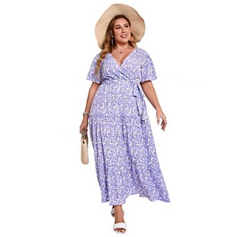 Women's Plus Size Dress V Neck Short Sleeve Maxi Dress Summer High Waist Ruffle Casual Flowy Dress
