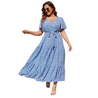 Women's Plus Size Dress V Neck Short Sleeve Maxi Dress Summer High Waist Ruffle Casual Flowy Dress