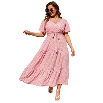 Women's Plus Size Dress V Neck Short Sleeve Maxi Dress Summer High Waist Ruffle Casual Flowy Dress