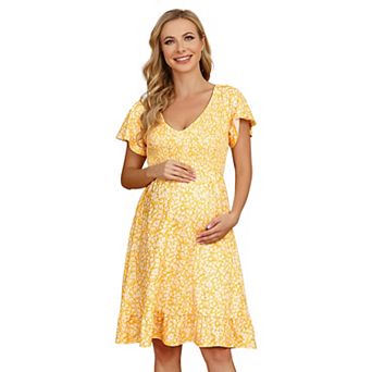 Women's Summer Casual Dress V Neck Short Sleeve Midi Dress High Waist Flowy Dress