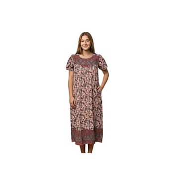 Loungees Border Print Cotton Lounge Dress House Dress Caftan Sweetheart Neck Yoke Short Sleeve