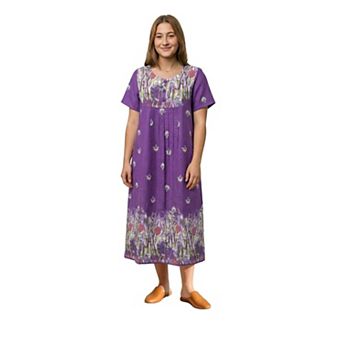 Loungees Border Print Cotton Lounge Dress House Dress Caftan 3 Button Bib Yoke Short Sleeve