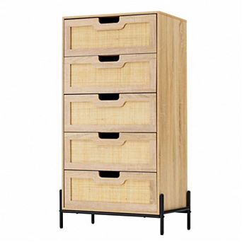 Modern Rattan 5 Drawers Dresser Double Dresser For Bedroom Chest Of Drawers Closet Organizers