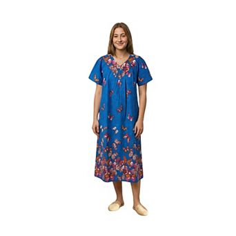 Loungees Border Print Cotton Lounge Dress House Dress Caftan V-Neck Yoke Short Sleeve