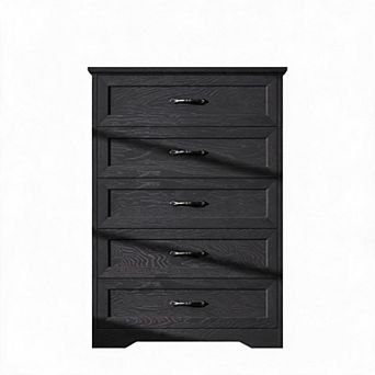 5 Drawer Dresser, Farmhouse Wooden Chest with Wide Metal Handles, Tall Storage Organizer