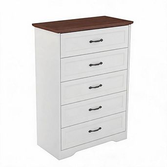 5 Drawer Dresser, Farmhouse Wooden Chest with Wide Metal Handles, Tall Storage Organizer