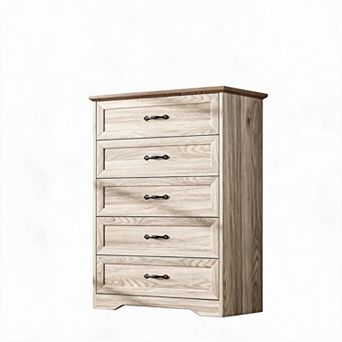 5 Drawer Dresser, Farmhouse Wooden Chest with Wide Metal Handles, Tall Storage Organizer