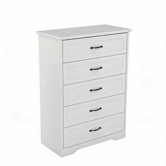 5 Drawer Dresser, Farmhouse Wooden Chest with Wide Metal Handles, Tall Storage Organizer