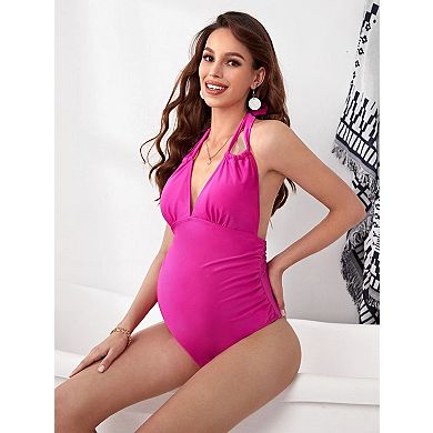 Women’s Deep V Maternity One-Piece Swimsuit Solid Pregnancy Bathing Suit