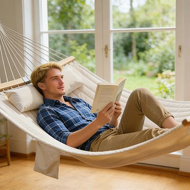 BAOURE Quilted Double Hammock with Padded Fabric and Curved Beech Wood Spreader Bars