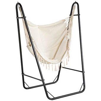 BAOURE Bohemian Patio Hammock Chair with Steel Stand and Tassels for Indoor Outdoor Use Cream